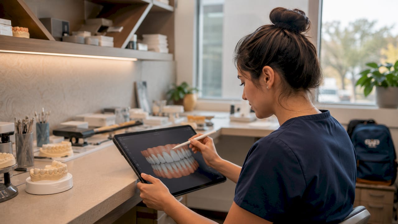 Hands using digital tools in dental lab