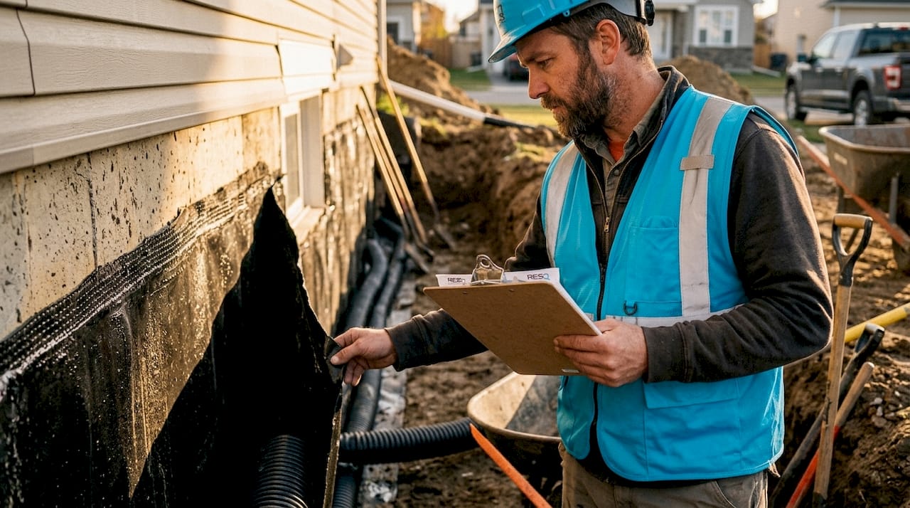 Professional inspecting exterior waterproofing installation