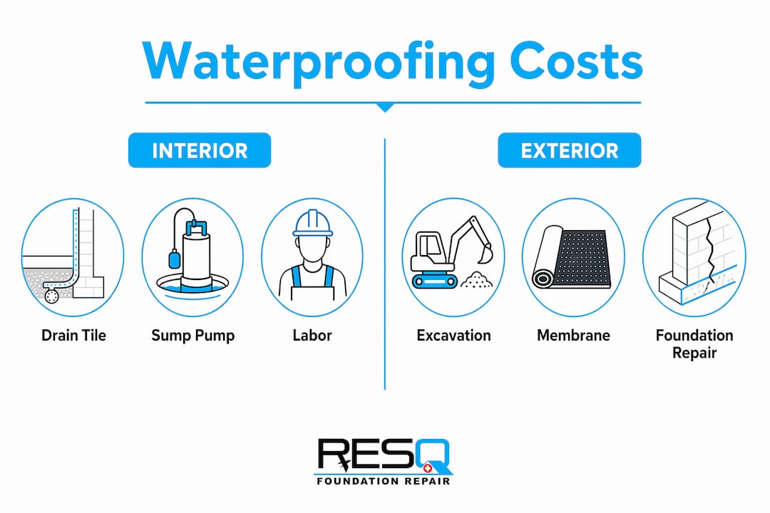 Infographic comparing interior and exterior waterproofing costs