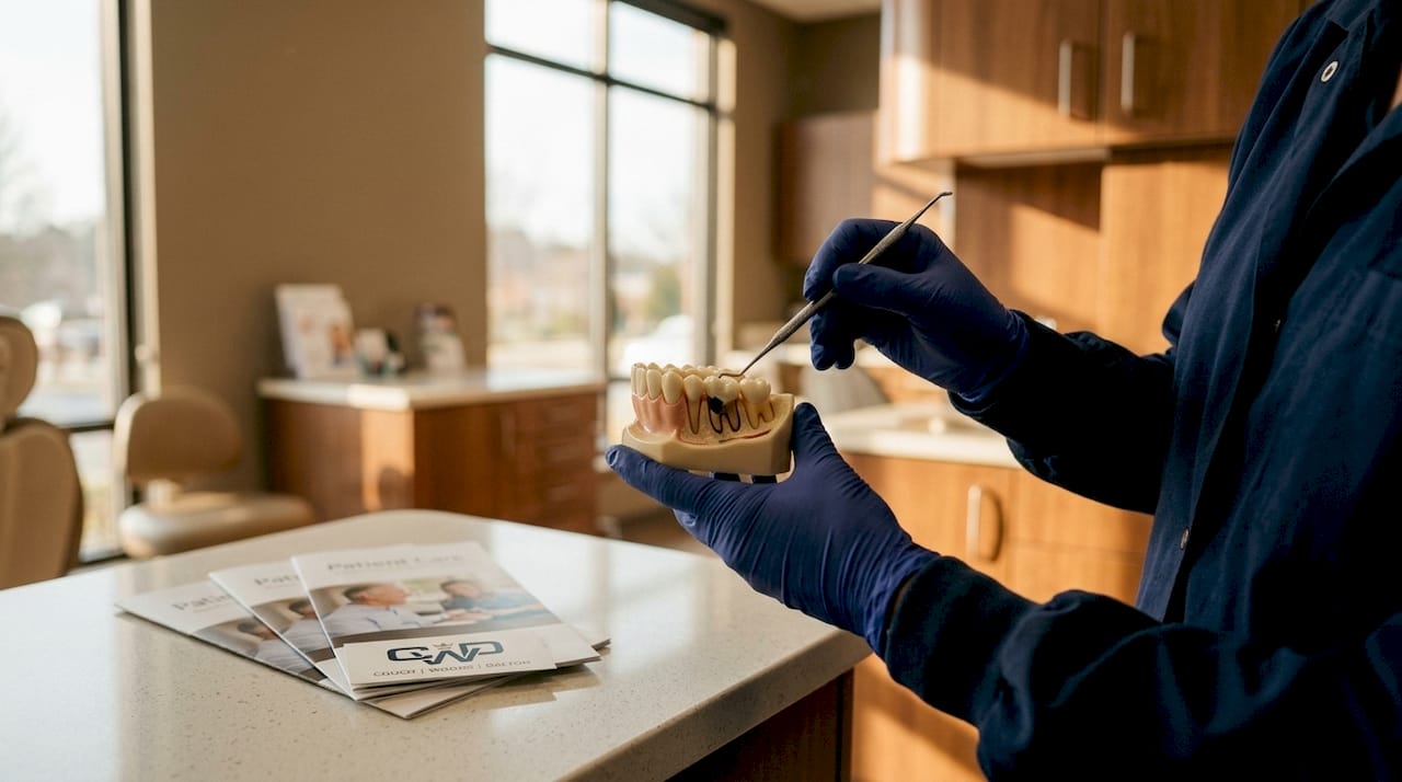 Dentist demonstrating tooth filling on model