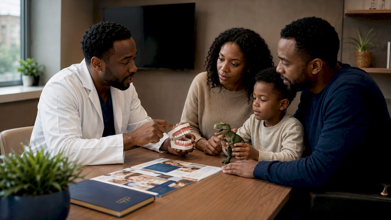 Dentist consulting family about dental care continuity