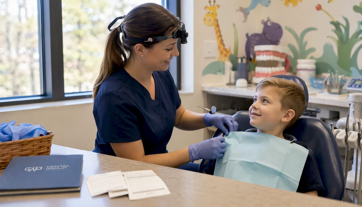 Dental hygienist preparing child for dental exam