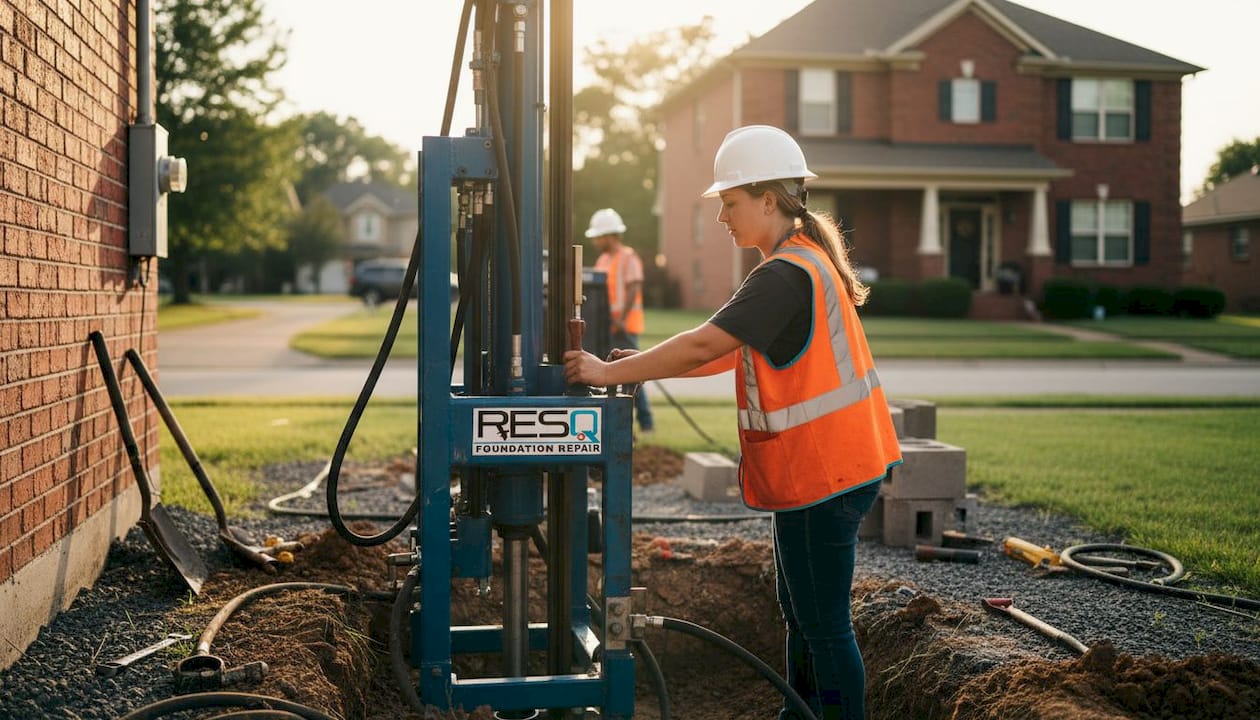 Contractor operating foundation repair machine