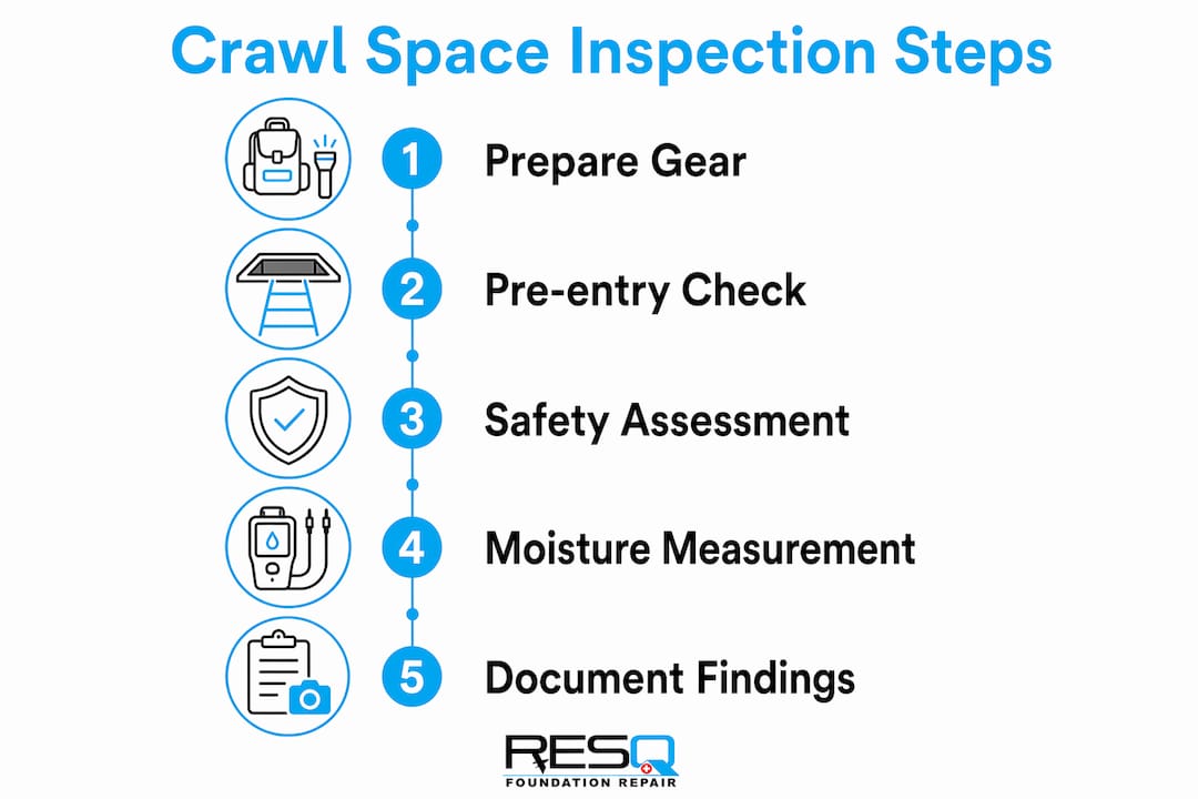 Infographic illustrating step-by-step crawl space inspection