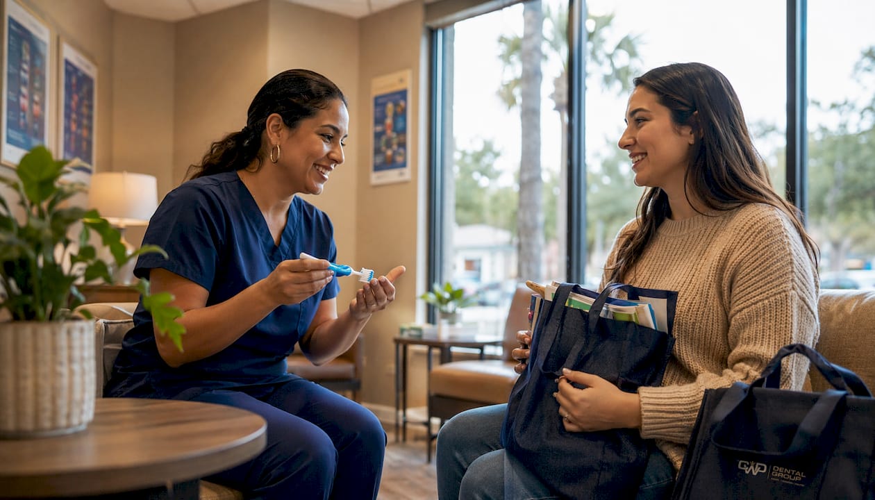 Dental hygienist assisting patient in clinic waiting area
