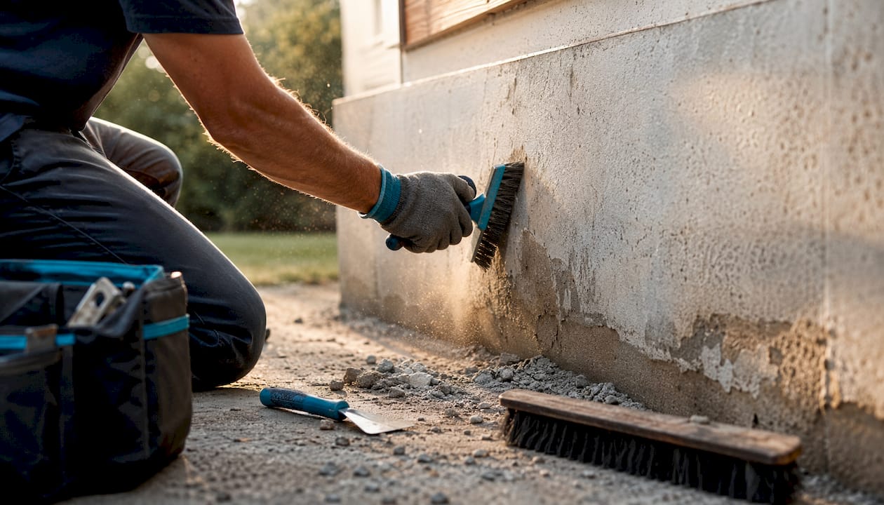 Hands cleaning concrete foundation before waterproofing