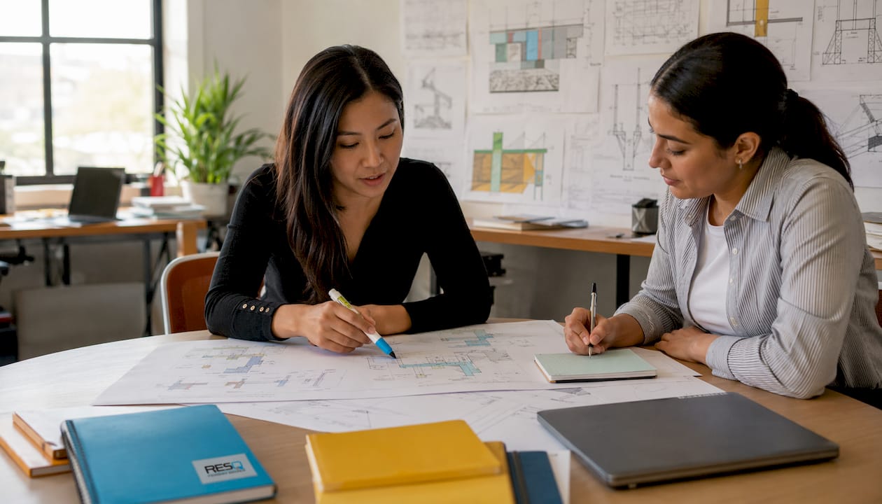 Two engineers discussing technical design schematics