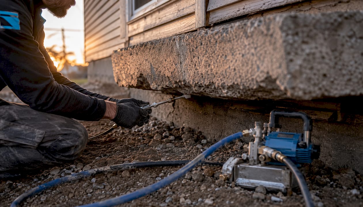 Hands injecting foam under concrete slab foundation