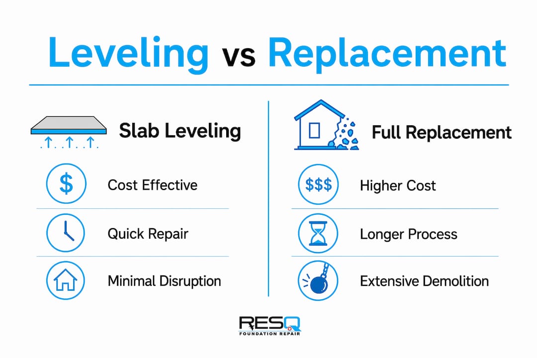 Infographic comparing slab leveling and concrete replacement