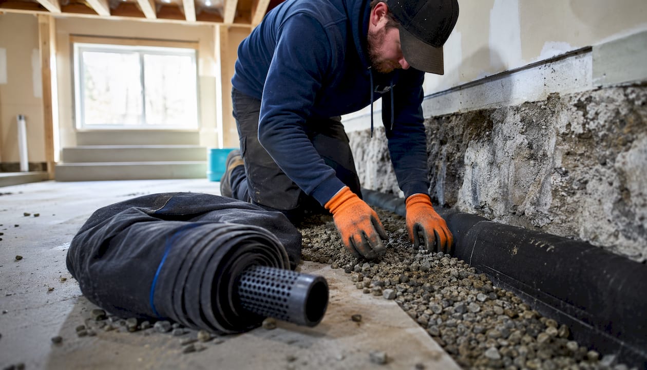 Hands laying gravel for french drain