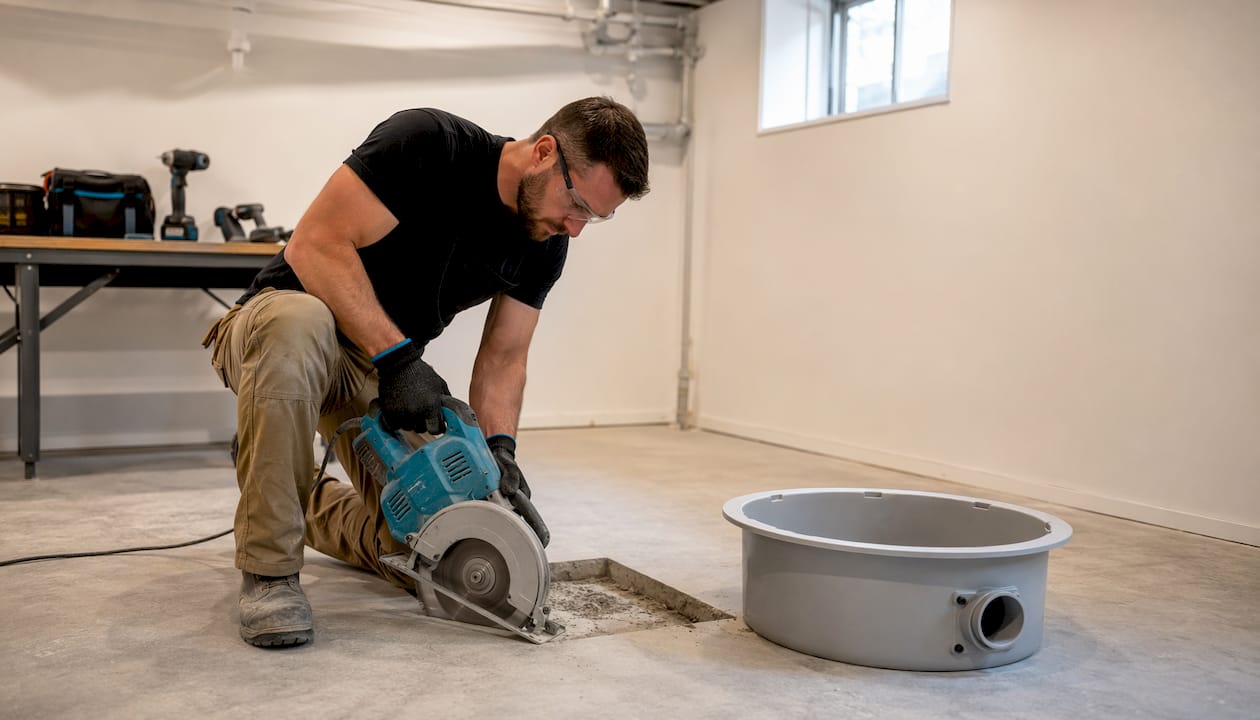 Contractor cutting concrete for sump pit