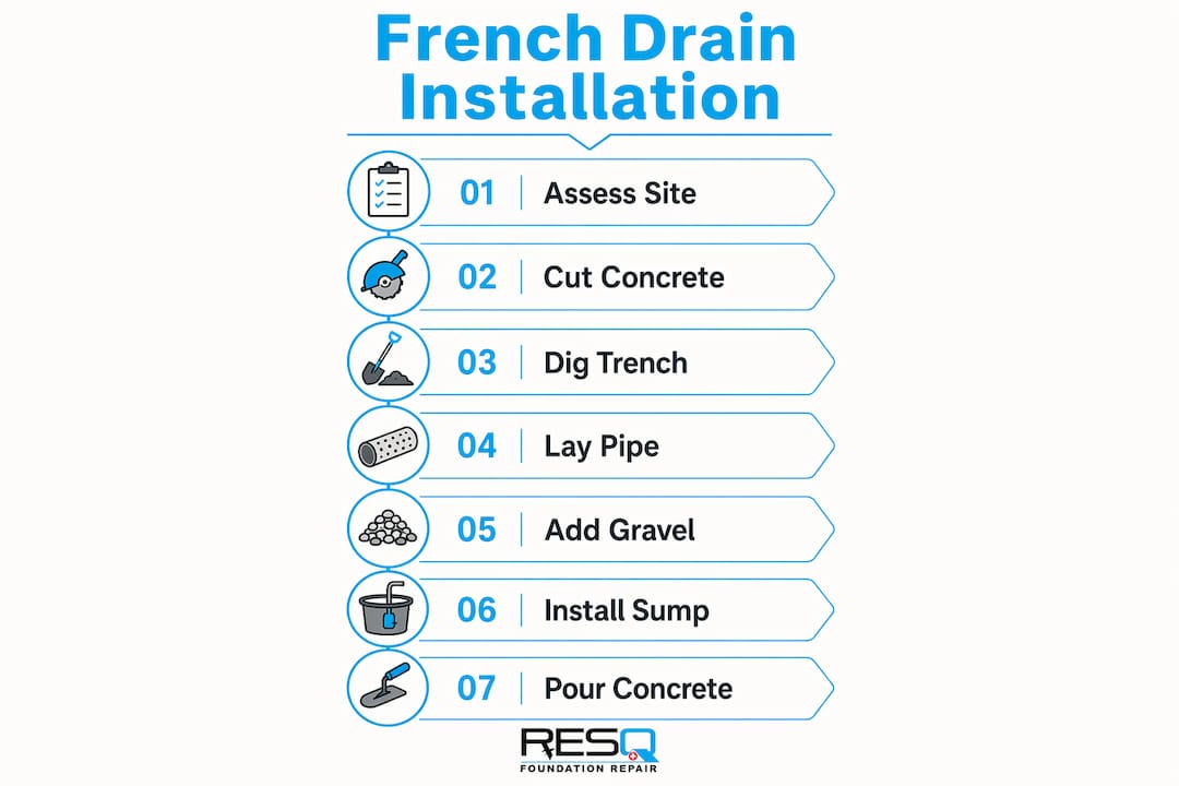 Infographic showing french drain installation steps
