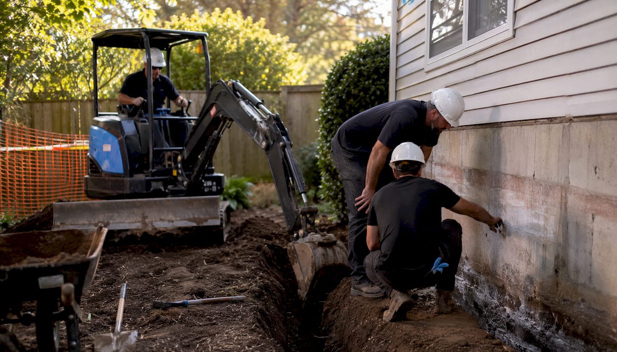 Outdoor workers excavating house foundation exterior