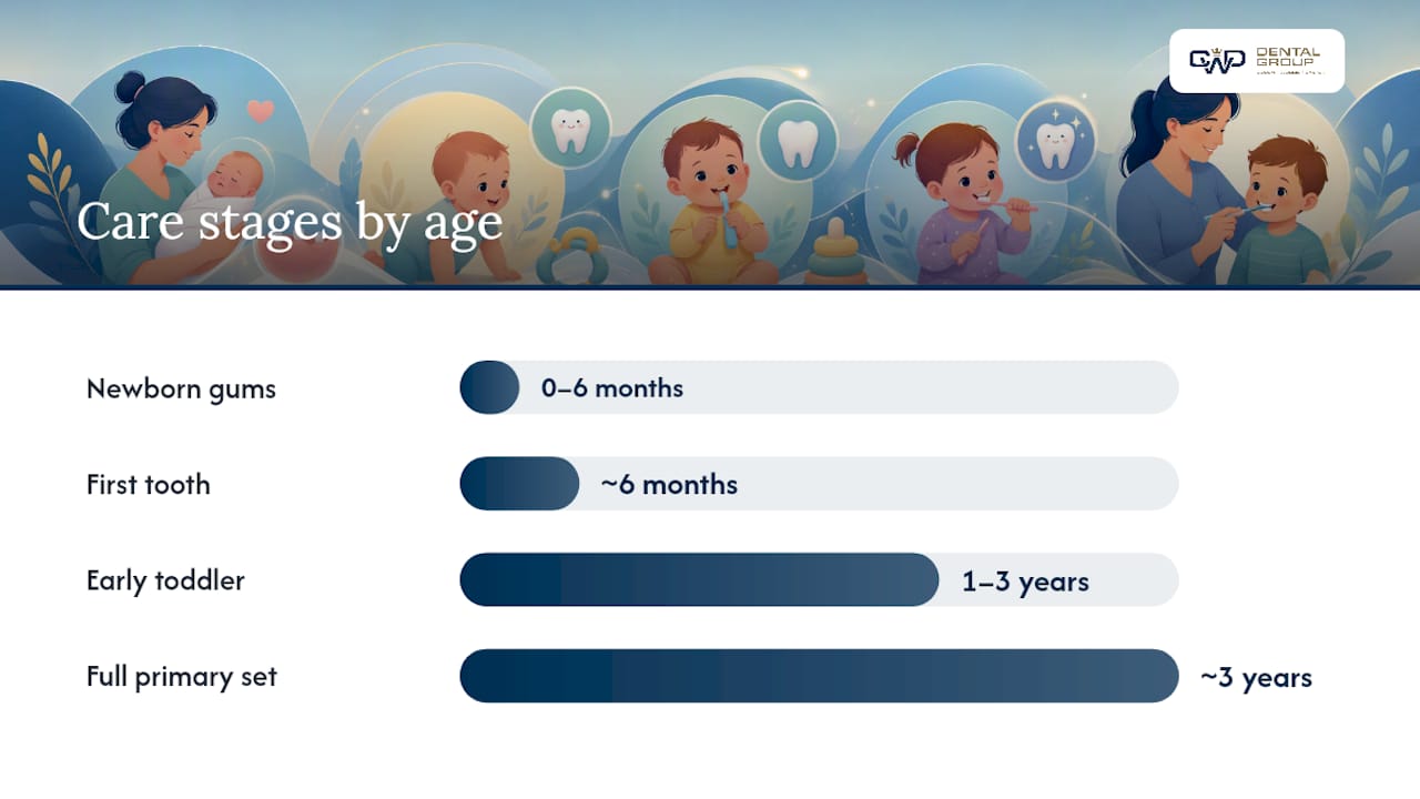 Diagram showing baby teeth care stages by age