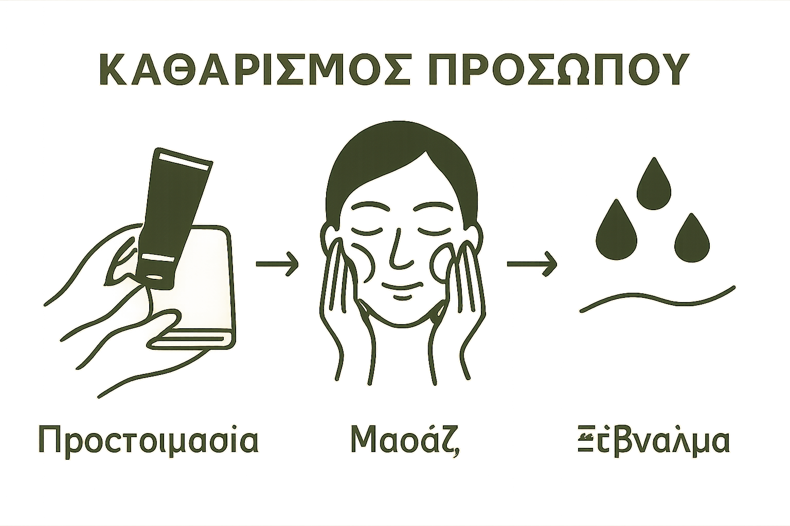 Απλή οπτικοποίηση των βασικών βημάτων καθαρισμού προσώπου με φυσικά προϊόντα.