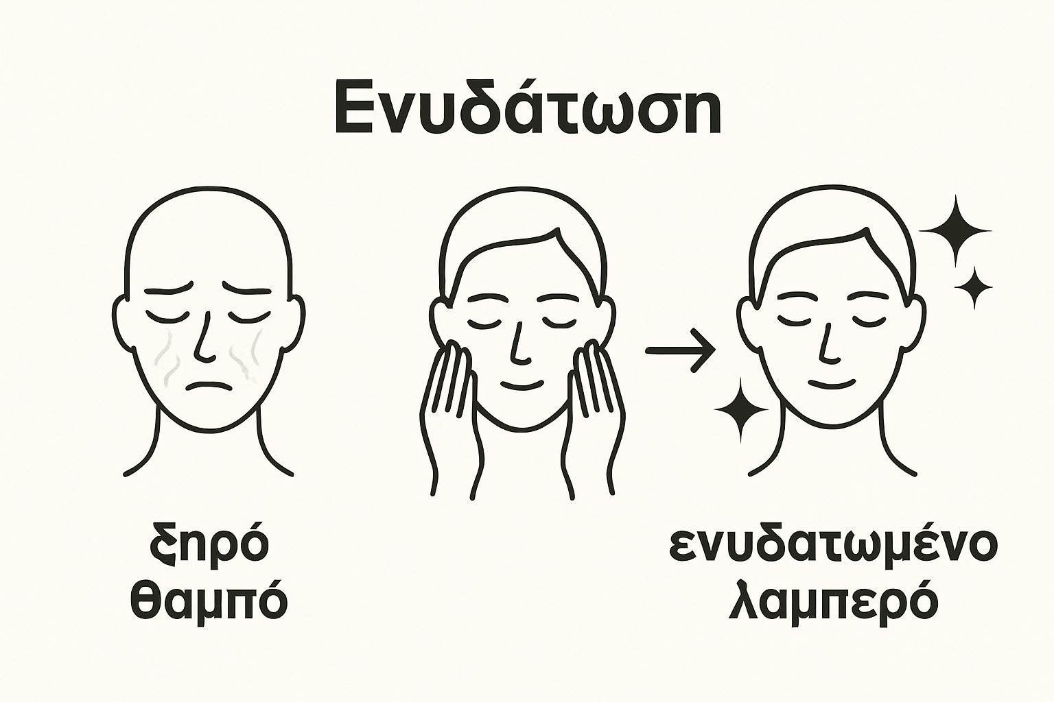 Simple infographic showing before and after skin hydration in three steps