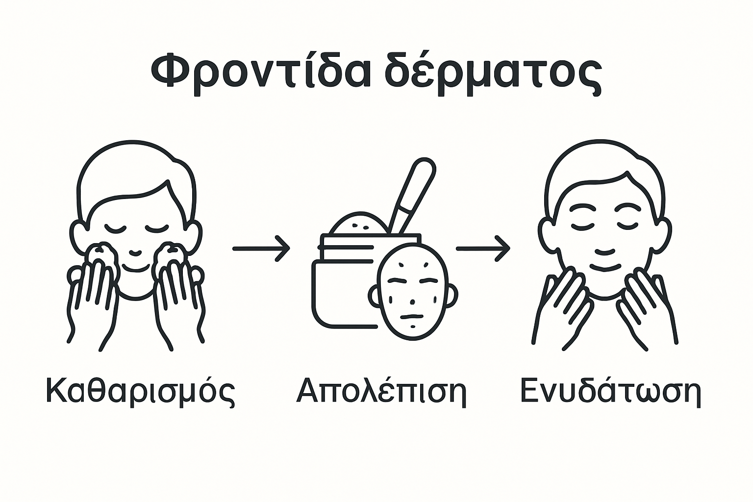 Three simplified icons showing facial cleansing, exfoliation, and moisturizing in stepwise order.