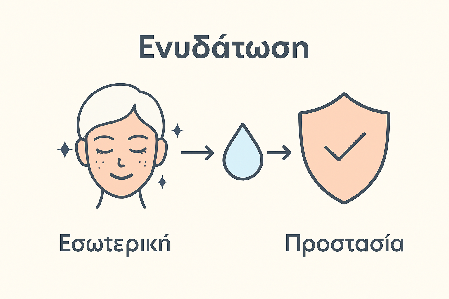 Εικονίδια που δείχνουν ενυδάτωση, υγιές δέρμα και προστασία