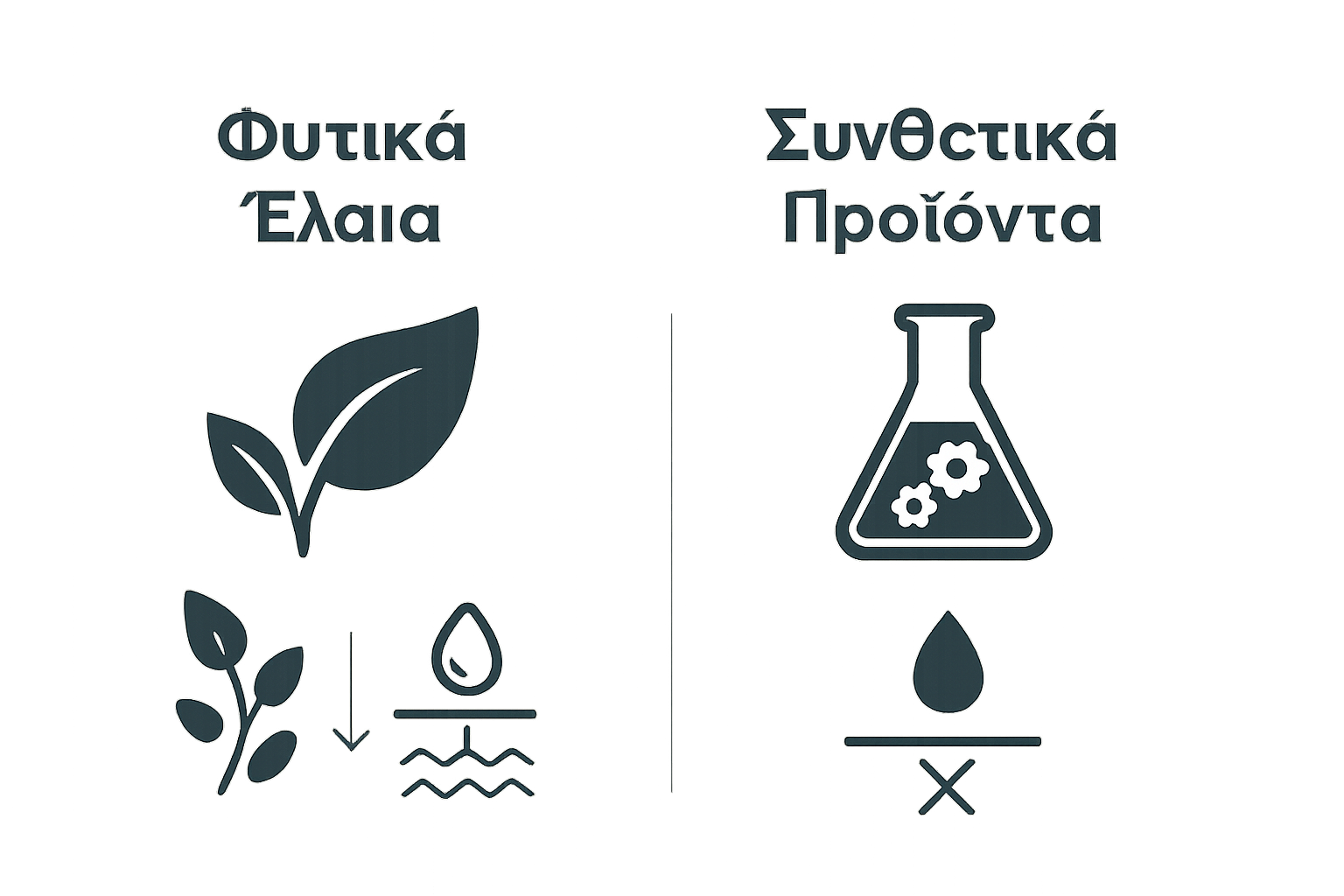 Comparison infographic: natural plant oils versus synthetic products, showing source and skin absorption