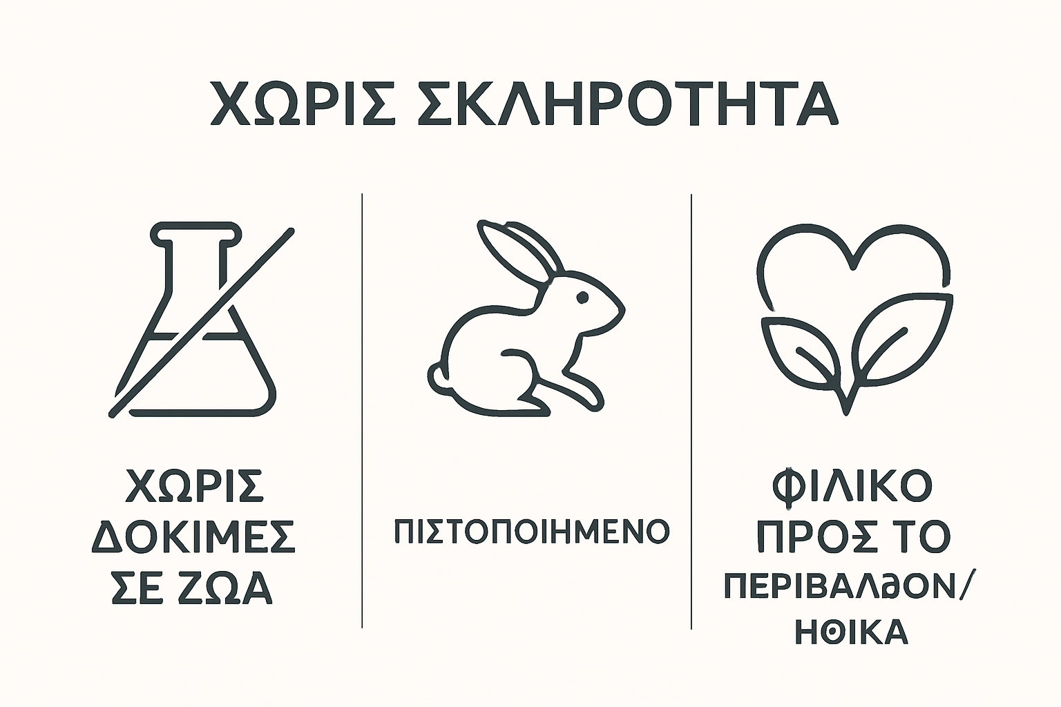Απεικόνιση των βασικών χαρακτηριστικών cruelty-free προϊόντων με απλά εικονίδια