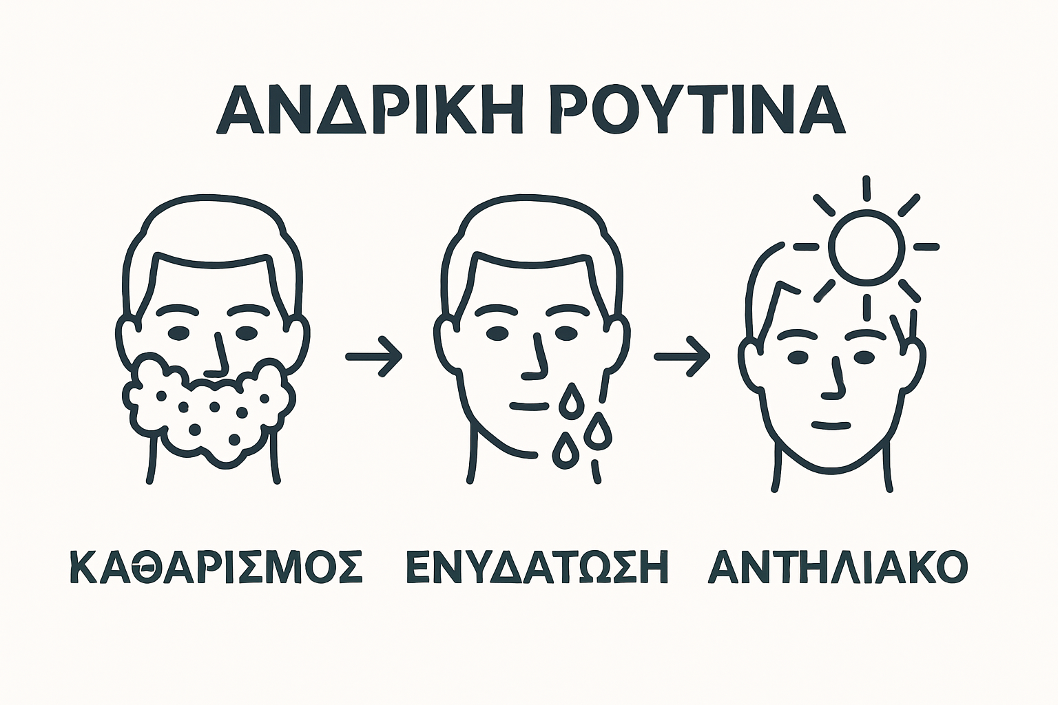 Three-step male skincare routine visual: cleanse, moisturize, protect