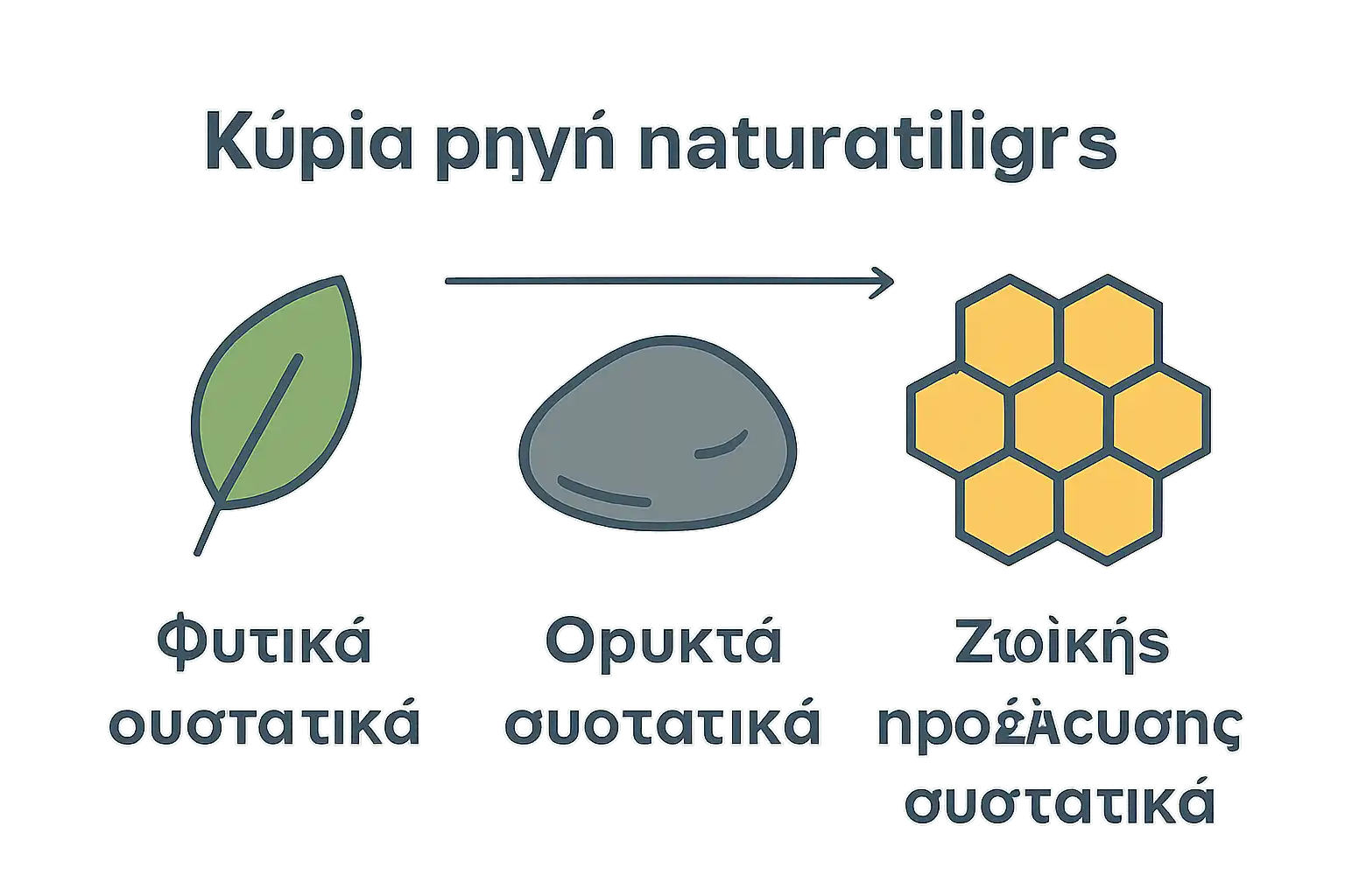 Icons of plant, stone, and honeycomb representing categories of natural ingredients