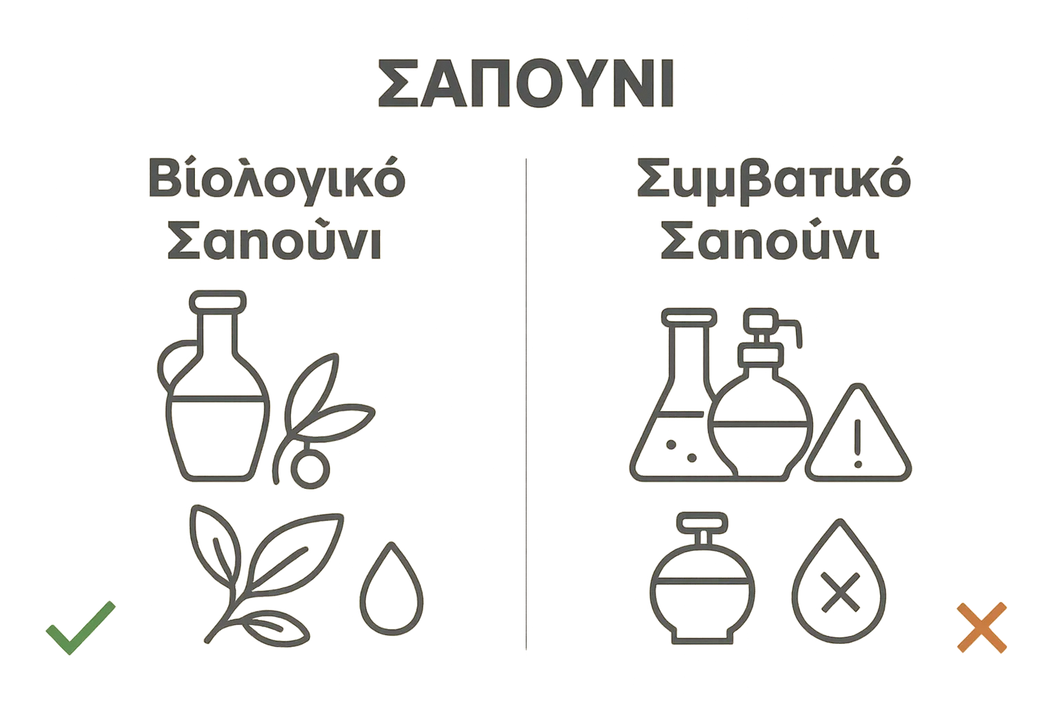 Σύγκριση βιολογικού και συμβατικού σαπουνιού με εικονίδια