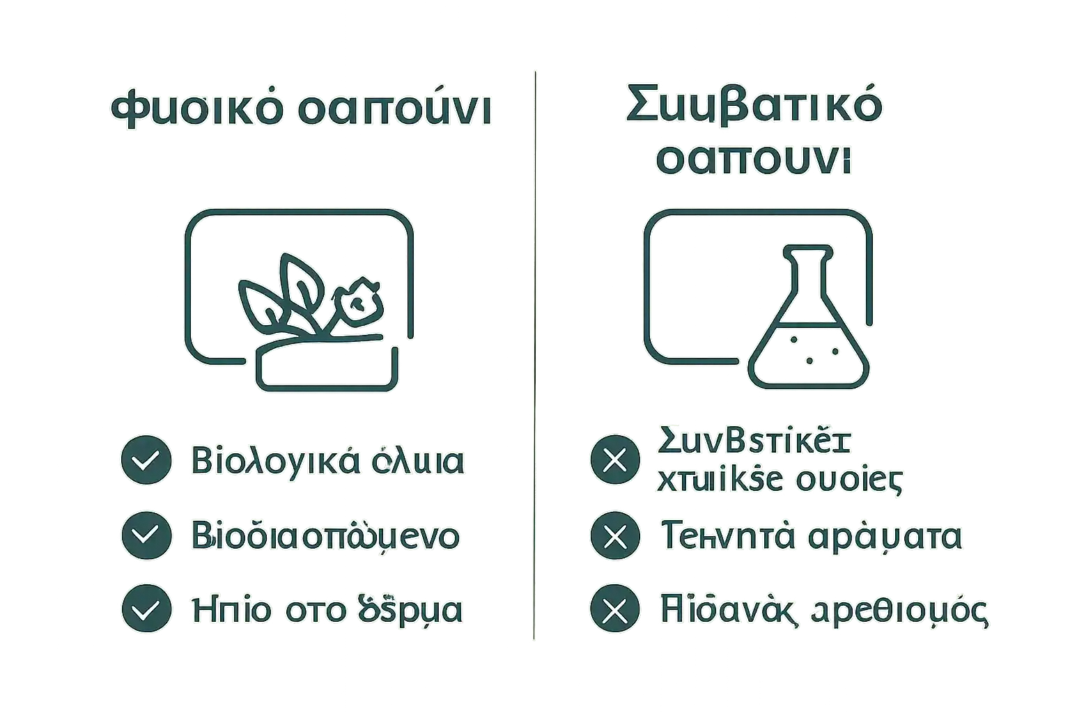 Infographic comparing natural and conventional soaps with icons and check/cross symbols