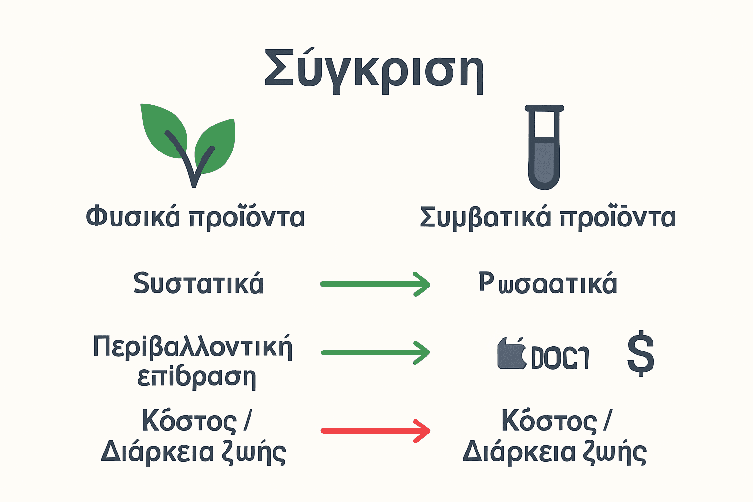 Σύγκριση φυσικών και συμβατικών προϊόντων με εικονίδια