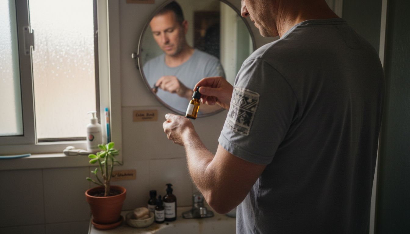 Man using aromatic oils in home bathroom