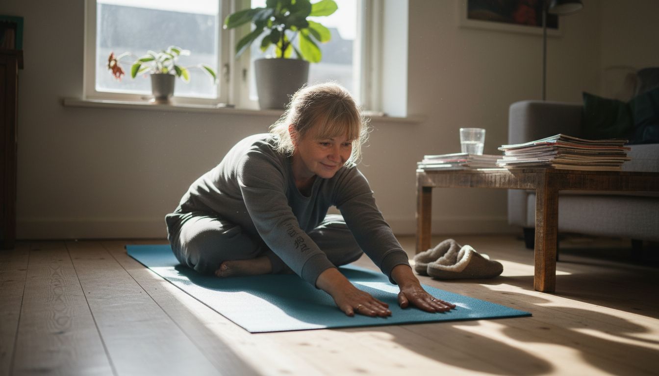 Man stretching on yoga mat at home