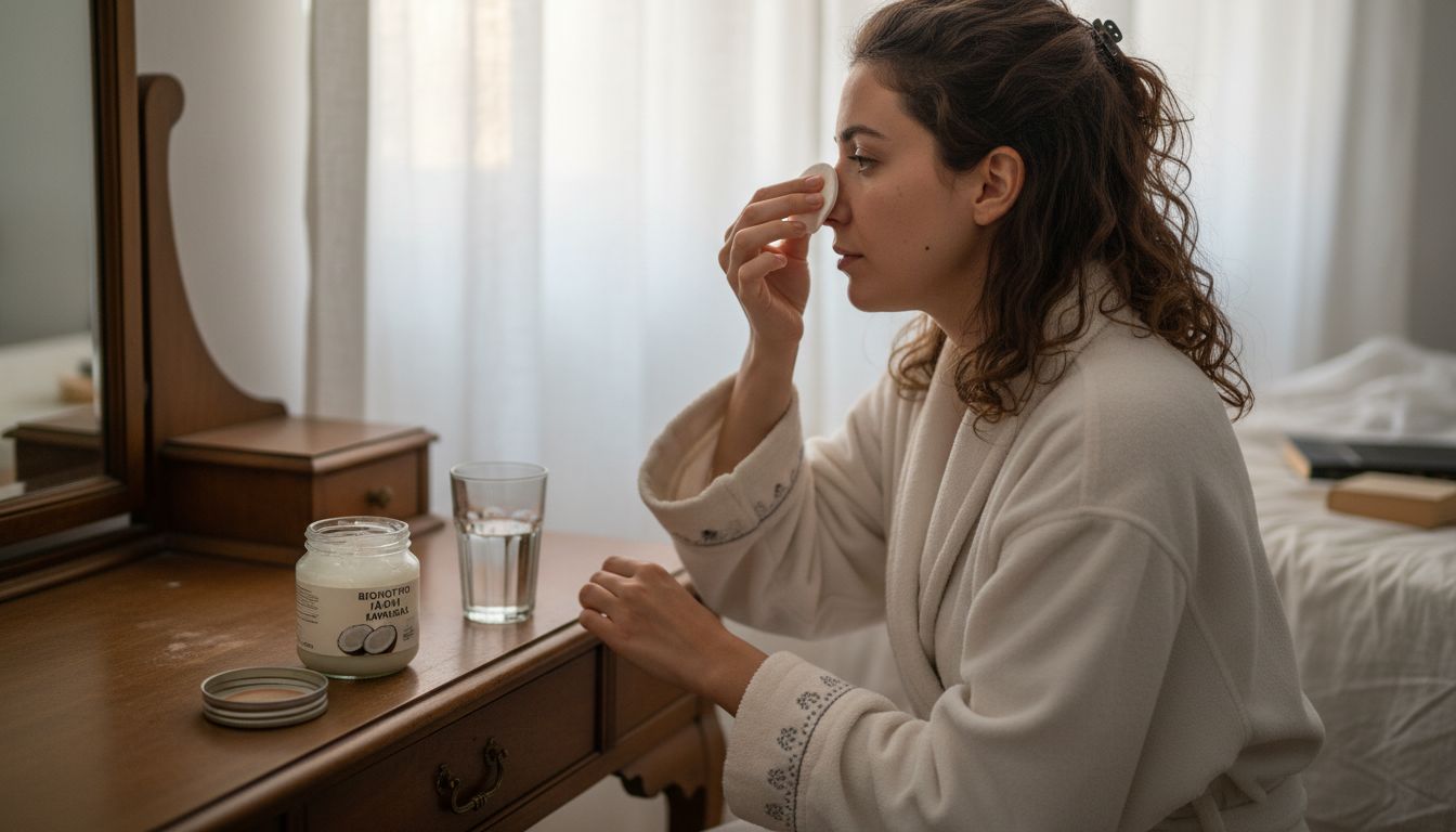 Μια γυναίκα αφαιρεί το μακιγιάζ της με ένα βαμβάκι.