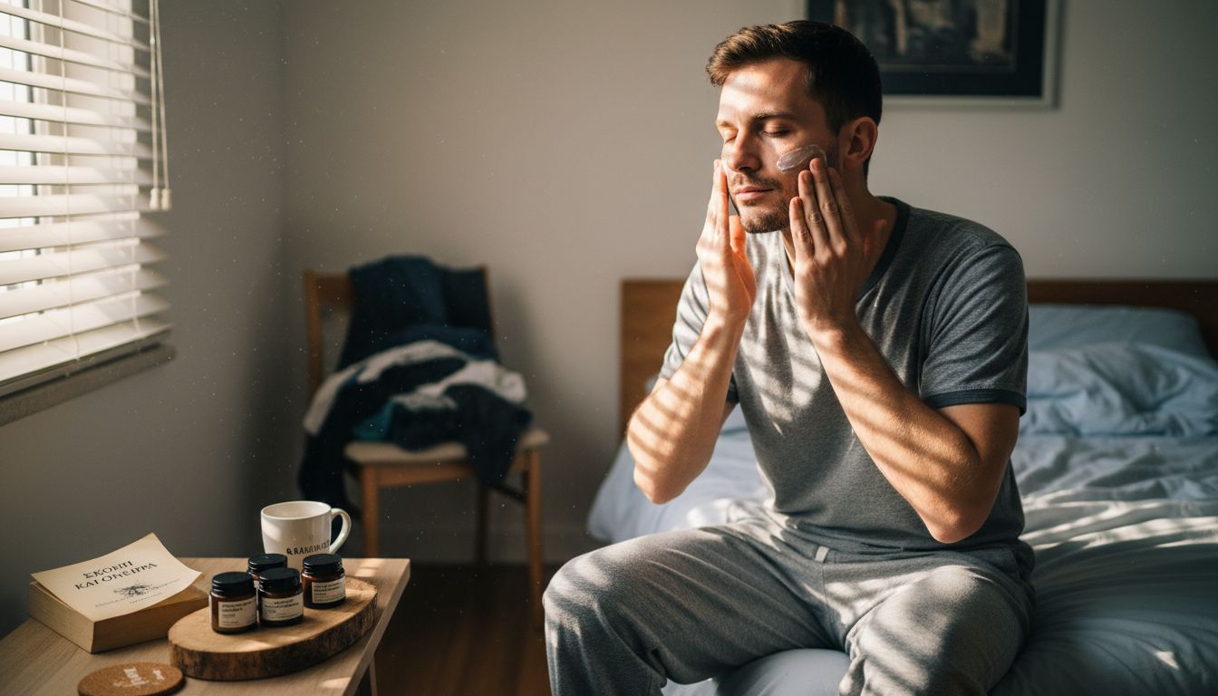 Ένας άνδρας φροντίζει το πρόσωπό του με μια vegan κρέμα στο υπνοδωμάτιό του.