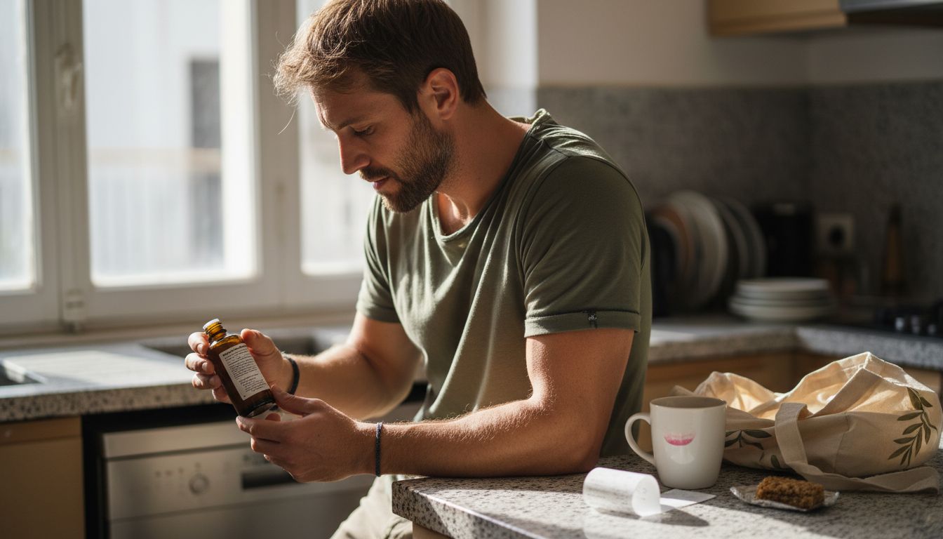 Ένας άνδρας διαβάζει προσεκτικά τα συστατικά σε ένα μπουκάλι προϊόντος.