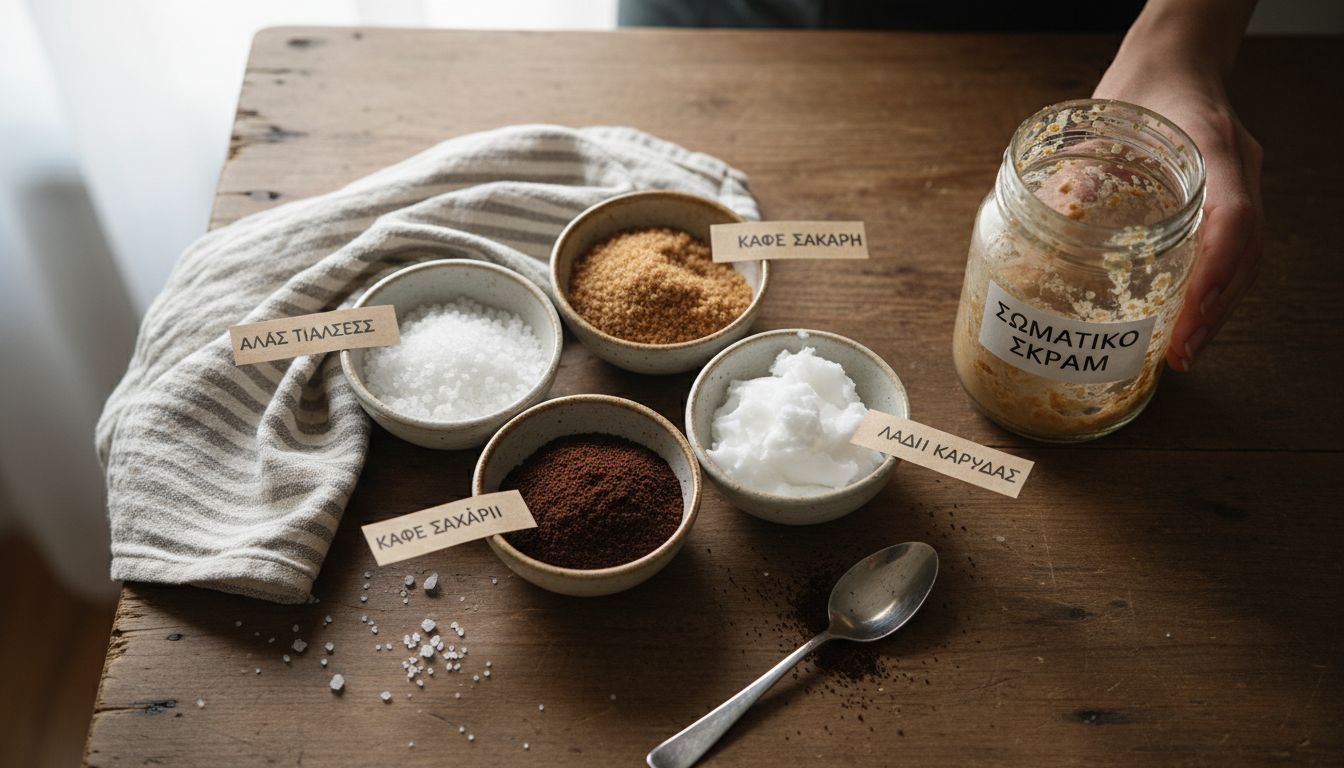 Φυσικά υλικά για απολέπιση πάνω σε ξύλινη επιφάνεια