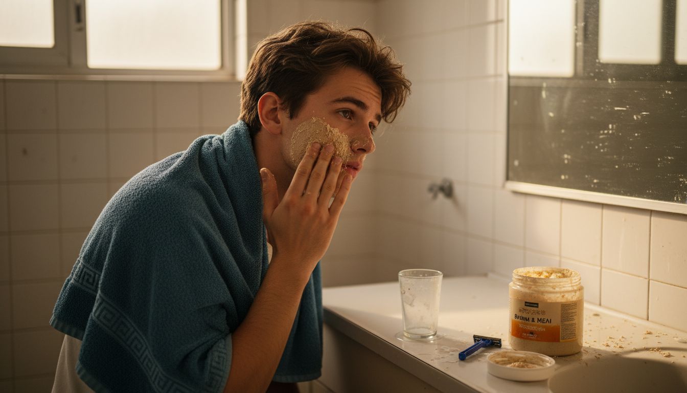 Ένας άνδρας απλώνει scrub στο πρόσωπό του με απαλές, κυκλικές κινήσεις για καλύτερο καθαρισμό.