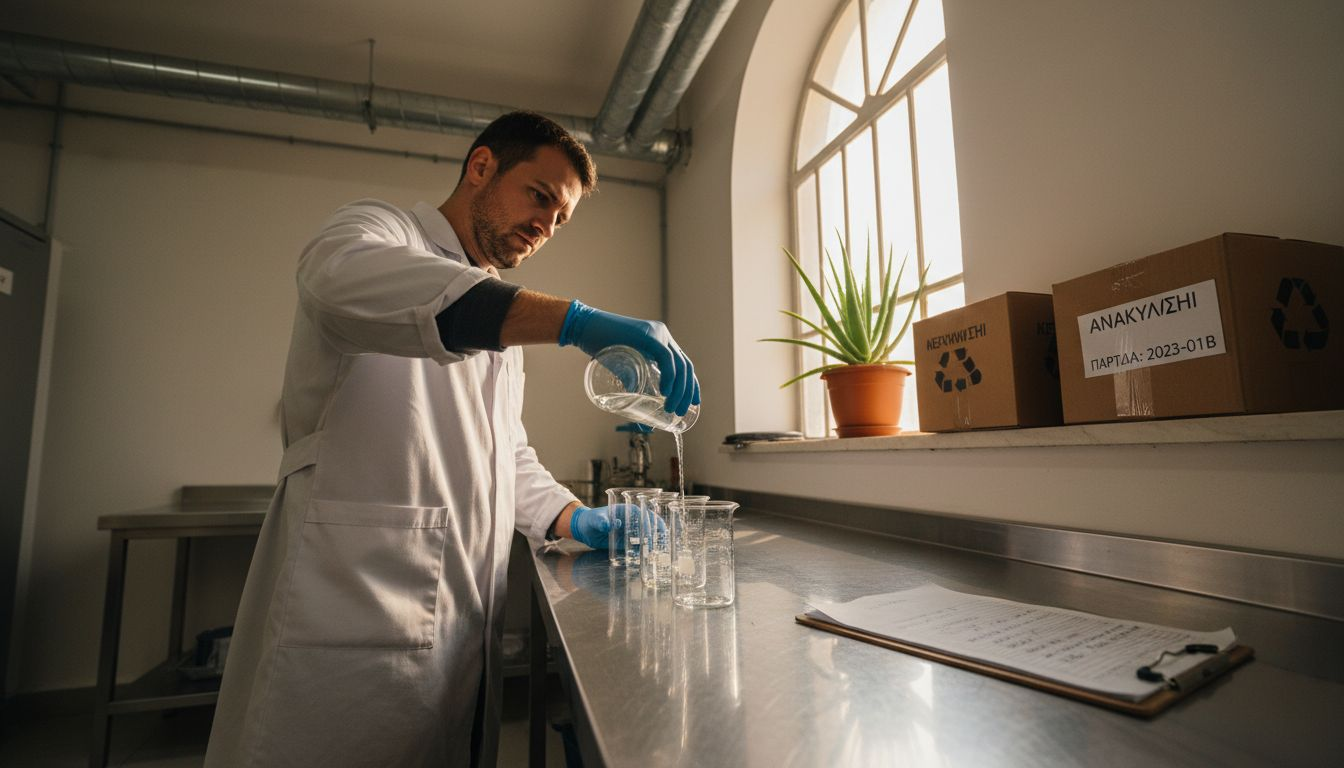 Έμπειρος τεχνικός ετοιμάζει προϊόντα περιποίησης δέρματος σε εργαστήριο με φιλικές προς το περιβάλλον πρακτικές.