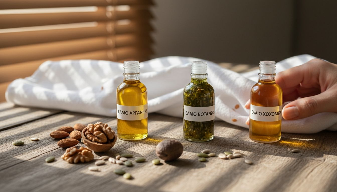 Γυάλινες φιάλες με λάδι πάνω σε ξύλινο, παραδοσιακό τραπέζι