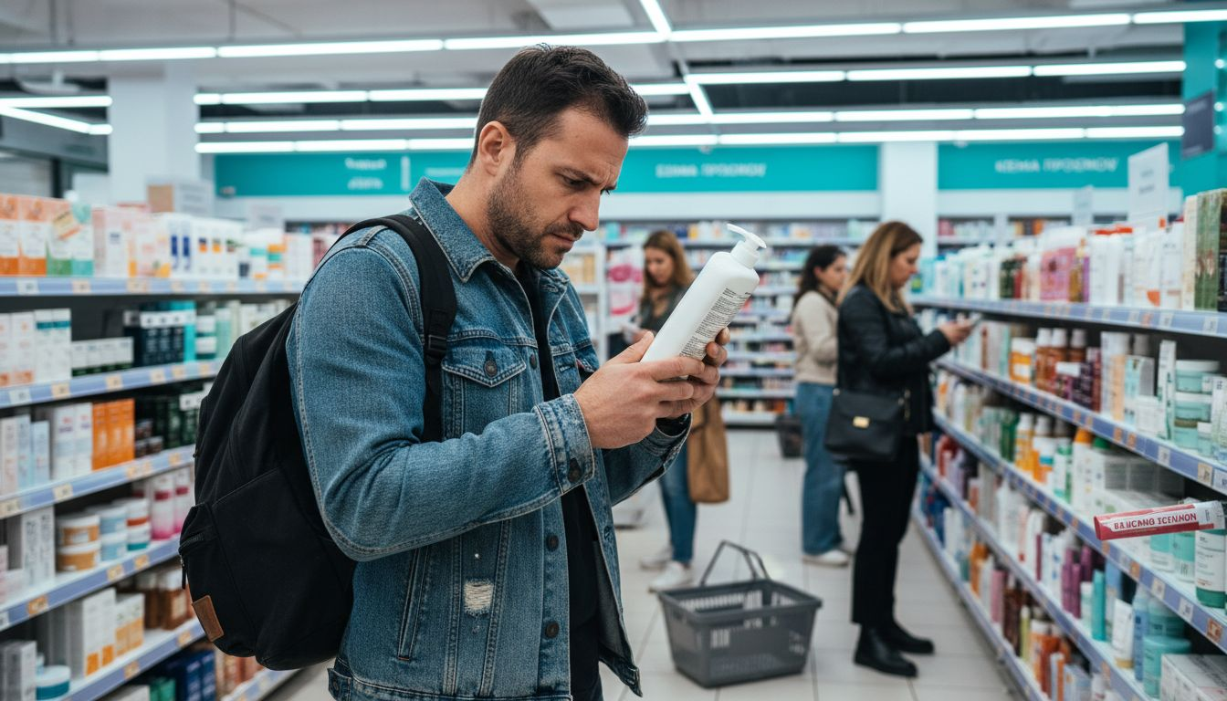Ένας άνδρας κοιτάζει προσεκτικά τα συστατικά στα καλλυντικά στο ράφι του σούπερ μάρκετ.