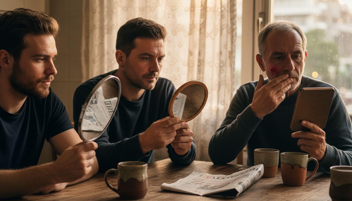 Τρεις άνδρες συζητούν και συγκρίνουν μεταξύ τους τους τύπους δέρματος του προσώπου τους.