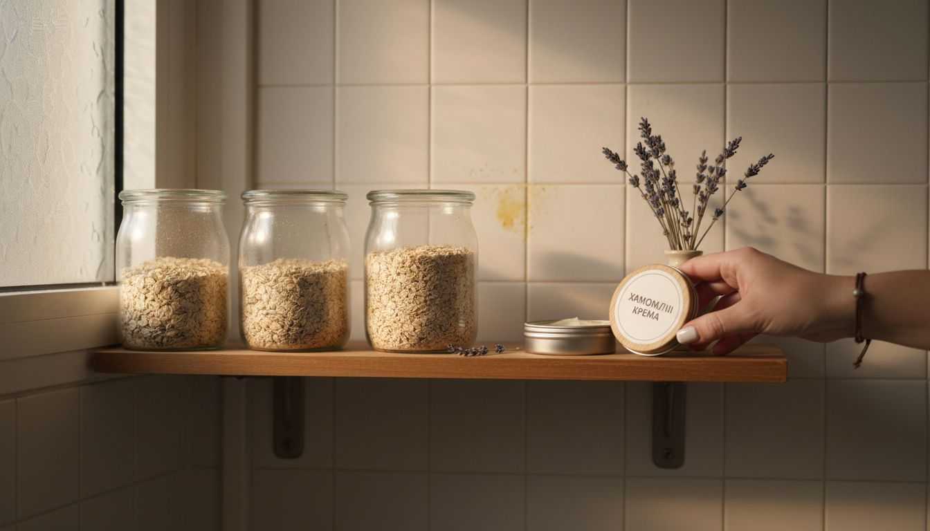 Ράφι γεμάτο με φυτικά, vegan καλλυντικά και φυσικά εκχυλίσματα