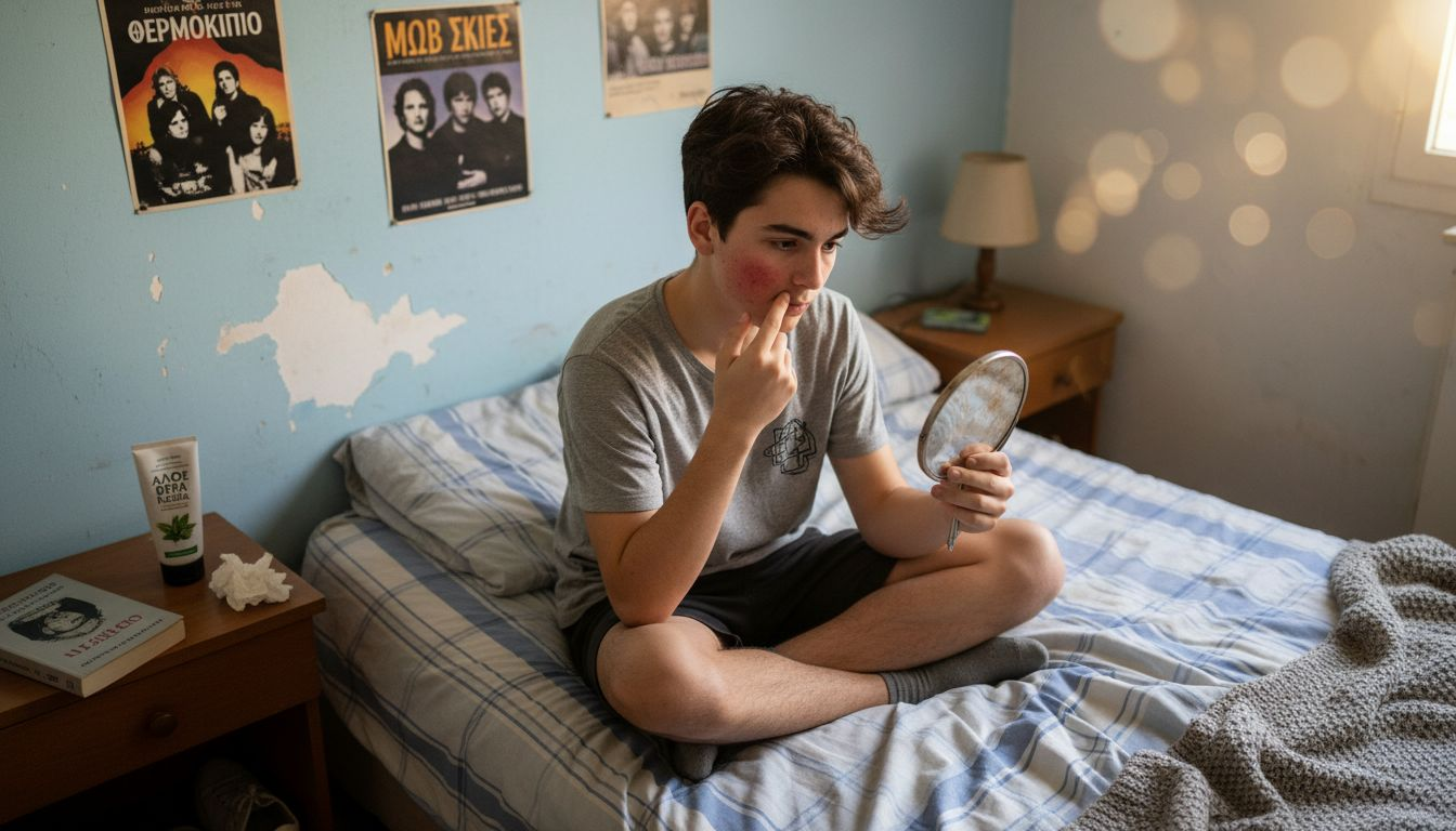 Ένας έφηβος κοιτάζεται στον καθρέφτη, παρατηρώντας το δέρμα του που τον ενοχλεί.