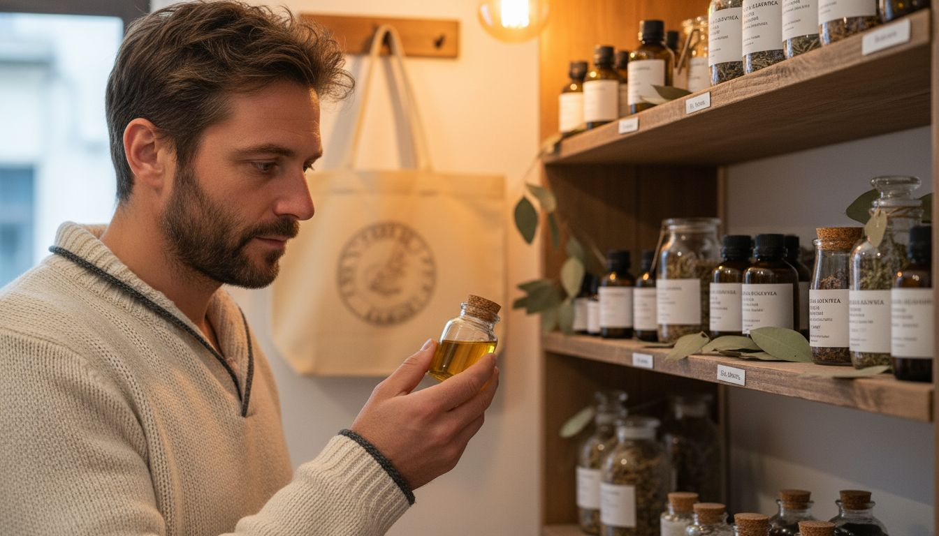 Ένας άνδρας κοιτάζει προσεκτικά τα φυσικά καλλυντικά στο ράφι, αναζητώντας το κατάλληλο για τον εαυτό του.