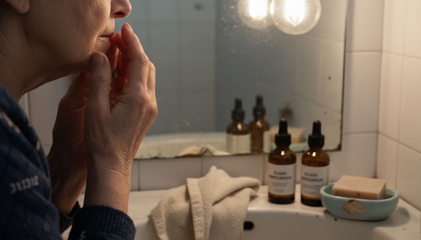 Απαλά χέρια εφαρμόζουν λάδι προσώπου μπροστά στον καθρέφτη του μπάνιου στο σπίτι.