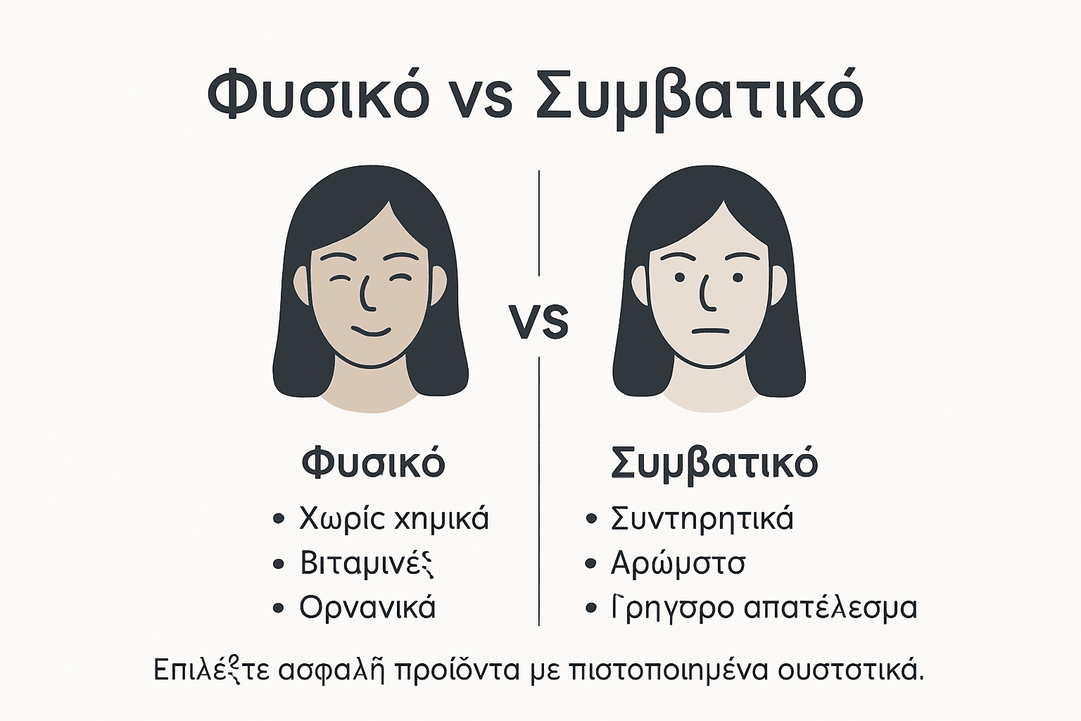 Γραφικό με εύκολη σύγκριση ανάμεσα στη φυσική και τη συμβατική φροντίδα της επιδερμίδας