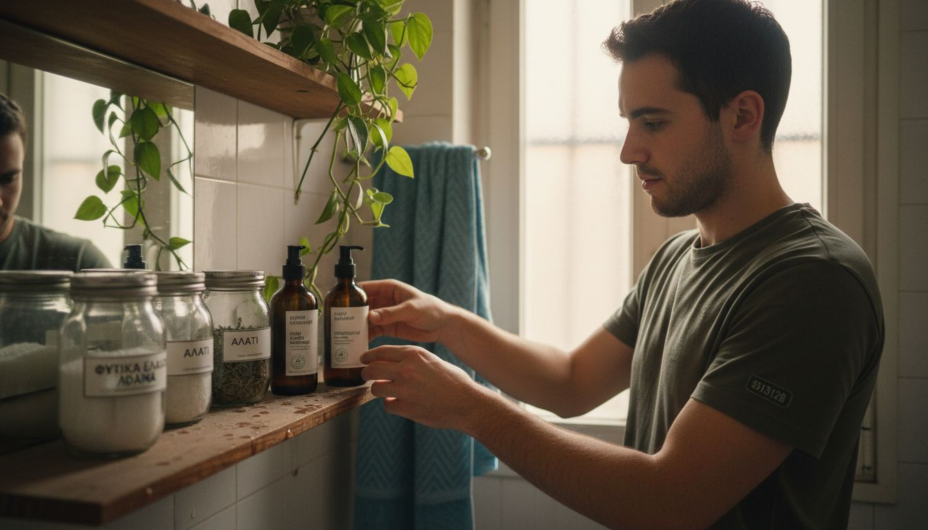 Προϊόντα περιποίησης με οικολογική συνείδηση τακτοποιημένα στο ράφι του μπάνιου