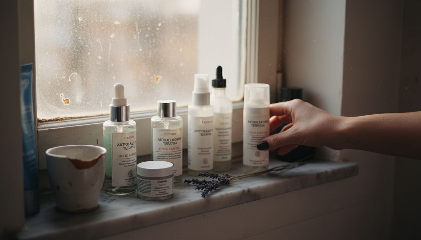 Μπουκάλια περιποίησης δέρματος λουσμένα στο φως του ήλιου