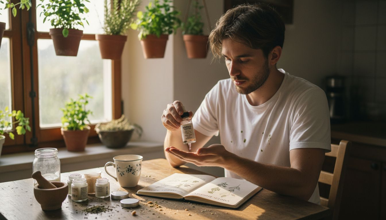 Άνδρας ετοιμάζεται το πρωί, ακολουθώντας τη δική του vegan ρουτίνα περιποίησης προσώπου.
