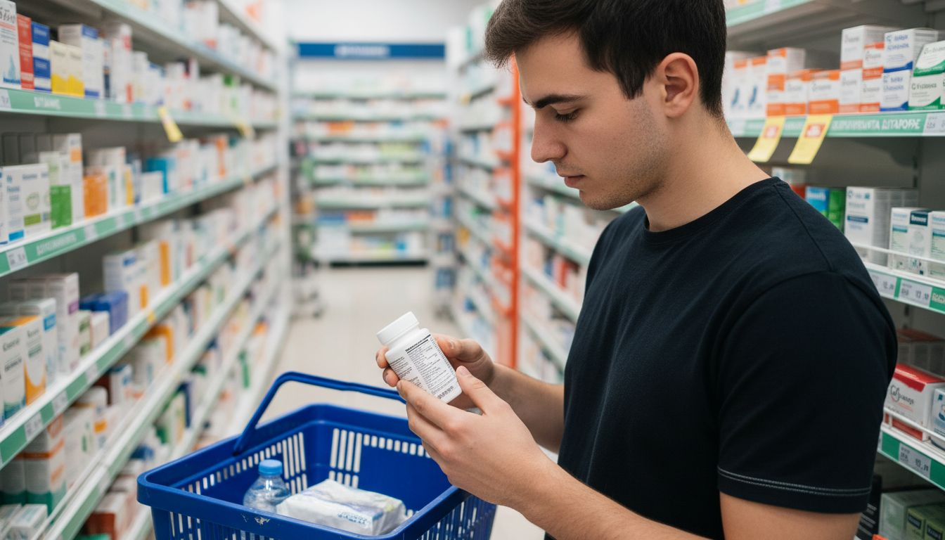 Ένας άνδρας εξετάζει προσεκτικά τη συσκευασία ενός καλλυντικού προϊόντος μέσα στο φαρμακείο.
