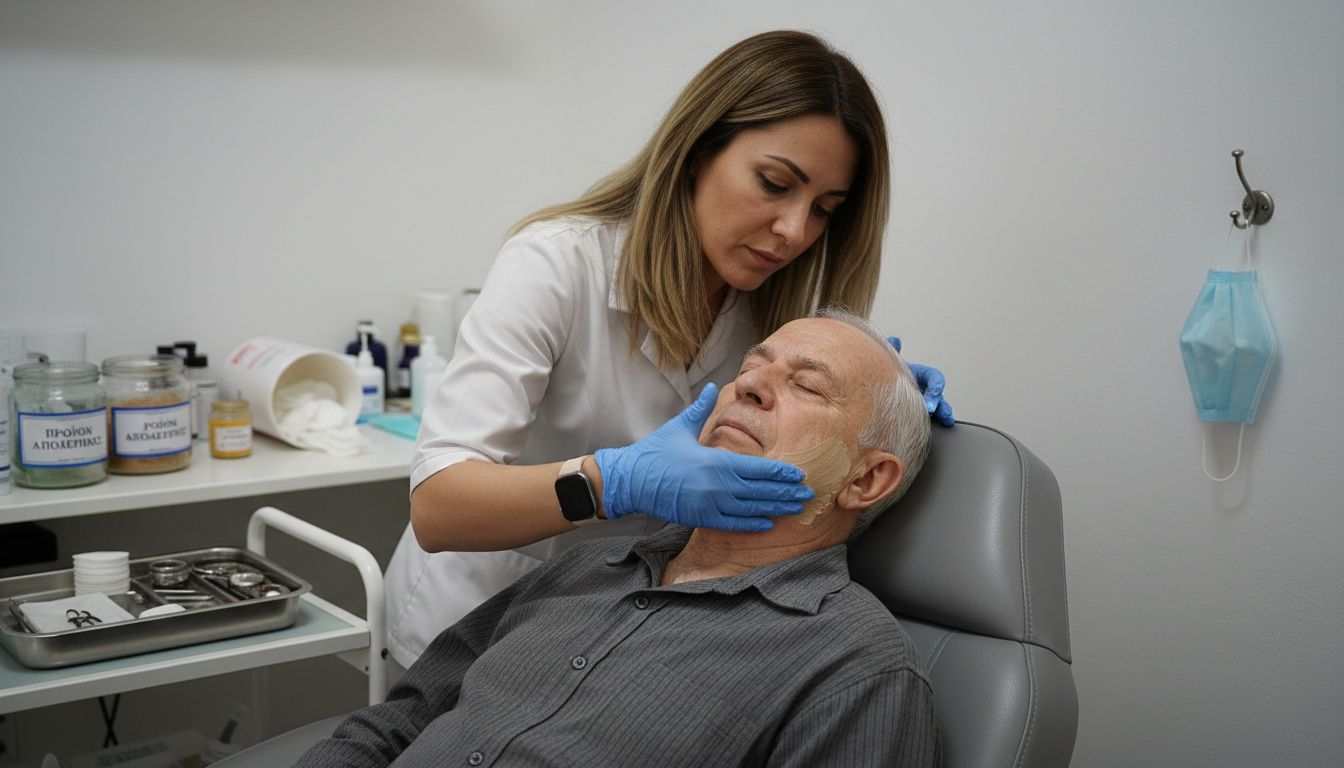 Ο ειδικός εφαρμόζει βαθύ χημικό πίλινγκ στο πρόσωπο.